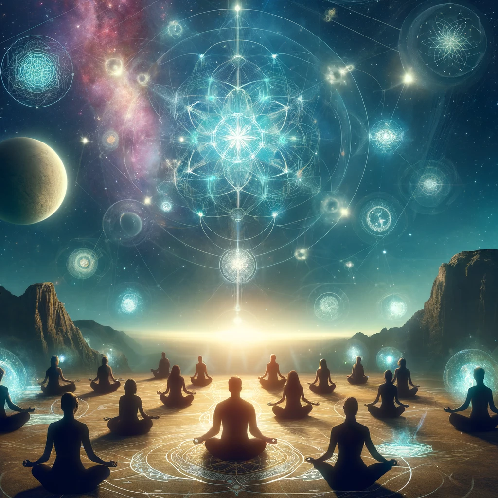DALL·E 2024-05-06 15.23.30 - Create a mystical image representing a connection to the universe through meditation. The scene depicts a serene setting with multiple people of diver